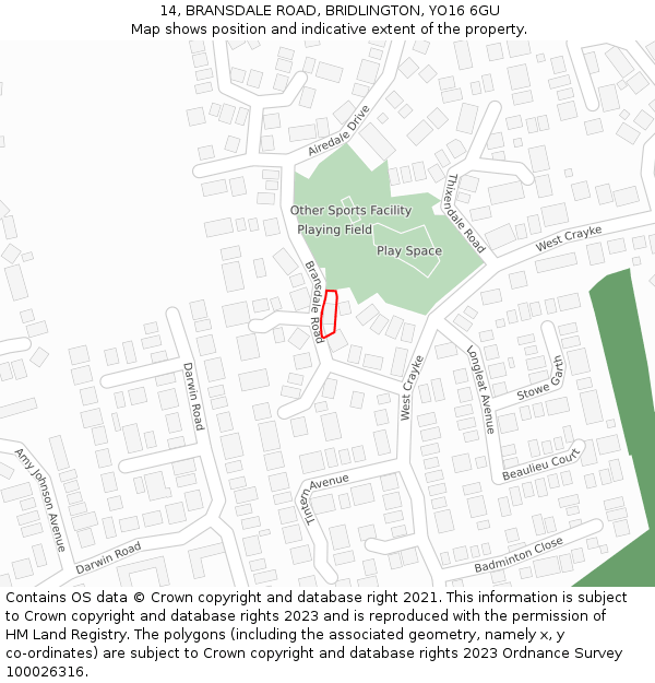 14, BRANSDALE ROAD, BRIDLINGTON, YO16 6GU: Location map and indicative extent of plot