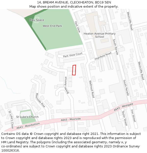 14, BREAM AVENUE, CLECKHEATON, BD19 5EN: Location map and indicative extent of plot