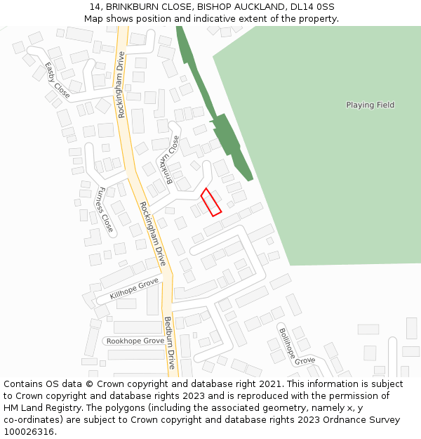 14, BRINKBURN CLOSE, BISHOP AUCKLAND, DL14 0SS: Location map and indicative extent of plot