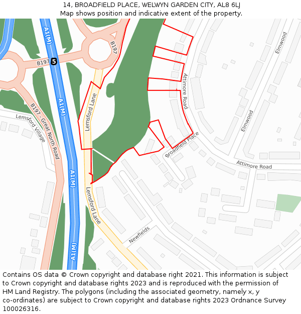 14, BROADFIELD PLACE, WELWYN GARDEN CITY, AL8 6LJ: Location map and indicative extent of plot