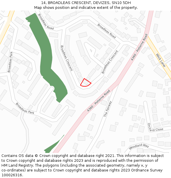 14, BROADLEAS CRESCENT, DEVIZES, SN10 5DH: Location map and indicative extent of plot