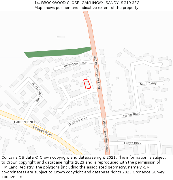 14, BROCKWOOD CLOSE, GAMLINGAY, SANDY, SG19 3EG: Location map and indicative extent of plot