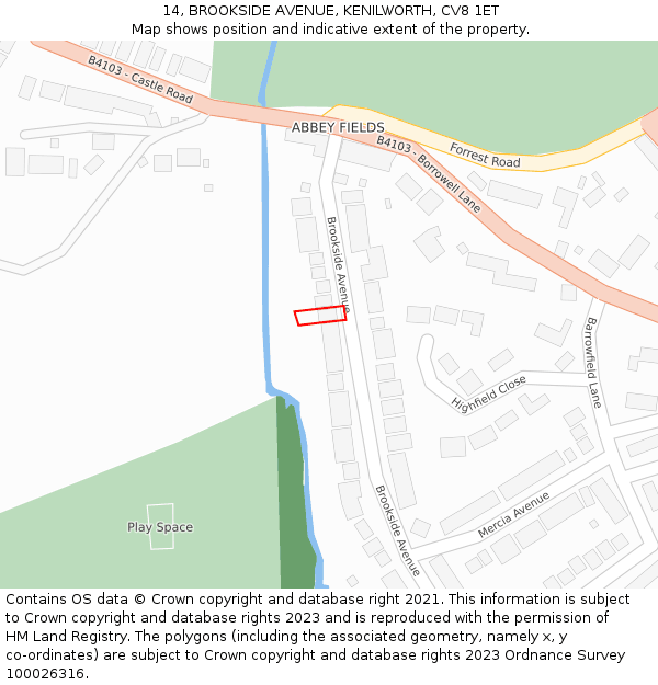 14, BROOKSIDE AVENUE, KENILWORTH, CV8 1ET: Location map and indicative extent of plot