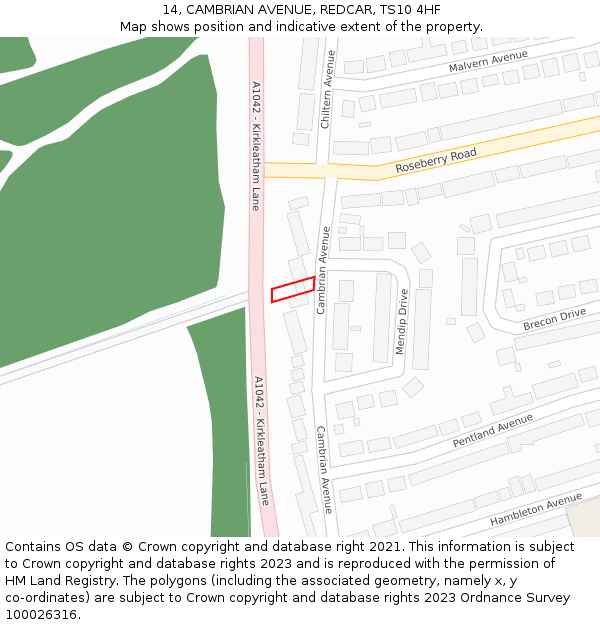 14, CAMBRIAN AVENUE, REDCAR, TS10 4HF: Location map and indicative extent of plot