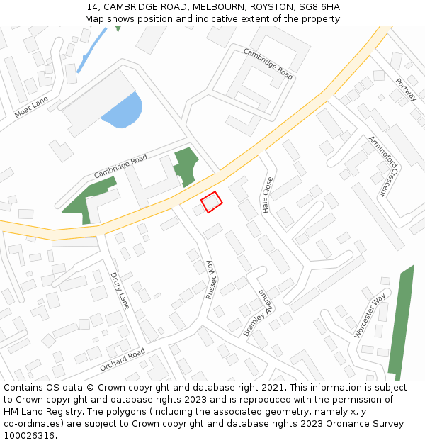 14, CAMBRIDGE ROAD, MELBOURN, ROYSTON, SG8 6HA: Location map and indicative extent of plot