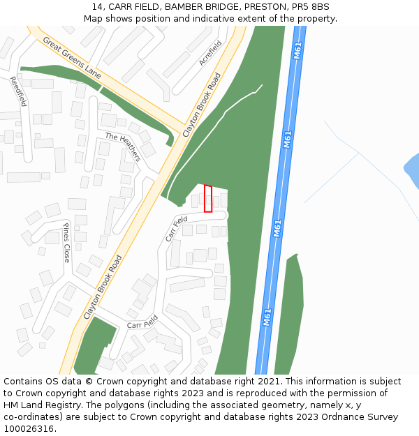 14, CARR FIELD, BAMBER BRIDGE, PRESTON, PR5 8BS: Location map and indicative extent of plot