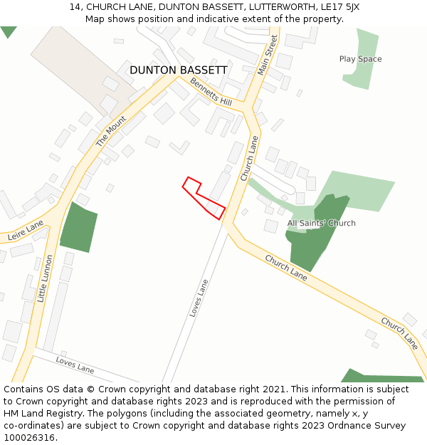 14, CHURCH LANE, DUNTON BASSETT, LUTTERWORTH, LE17 5JX: Location map and indicative extent of plot