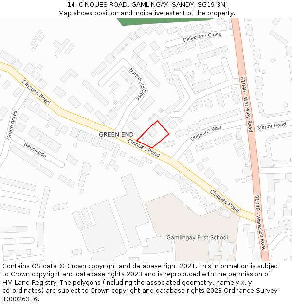 14, CINQUES ROAD, GAMLINGAY, SANDY, SG19 3NJ: Location map and indicative extent of plot