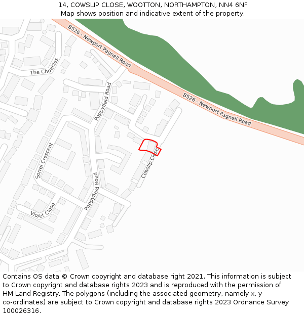 14, COWSLIP CLOSE, WOOTTON, NORTHAMPTON, NN4 6NF: Location map and indicative extent of plot