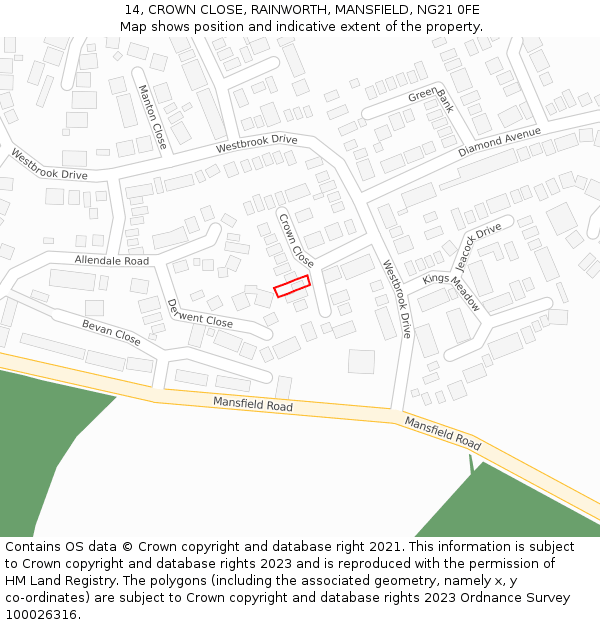 14, CROWN CLOSE, RAINWORTH, MANSFIELD, NG21 0FE: Location map and indicative extent of plot