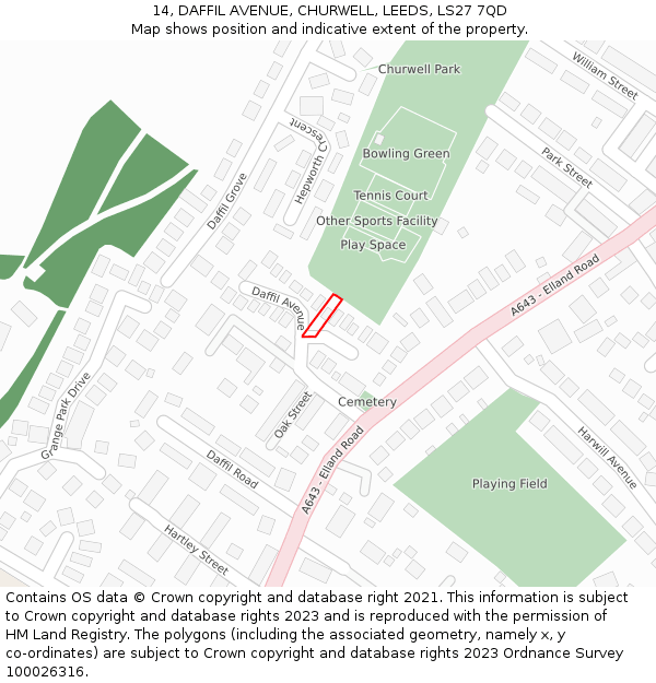 14, DAFFIL AVENUE, CHURWELL, LEEDS, LS27 7QD: Location map and indicative extent of plot