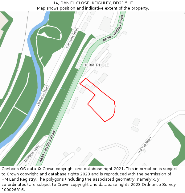 14, DANIEL CLOSE, KEIGHLEY, BD21 5HF: Location map and indicative extent of plot