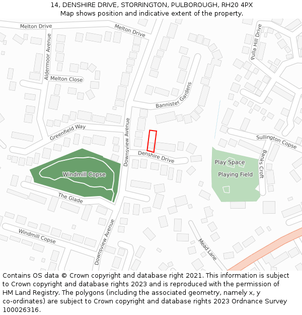 14, DENSHIRE DRIVE, STORRINGTON, PULBOROUGH, RH20 4PX: Location map and indicative extent of plot