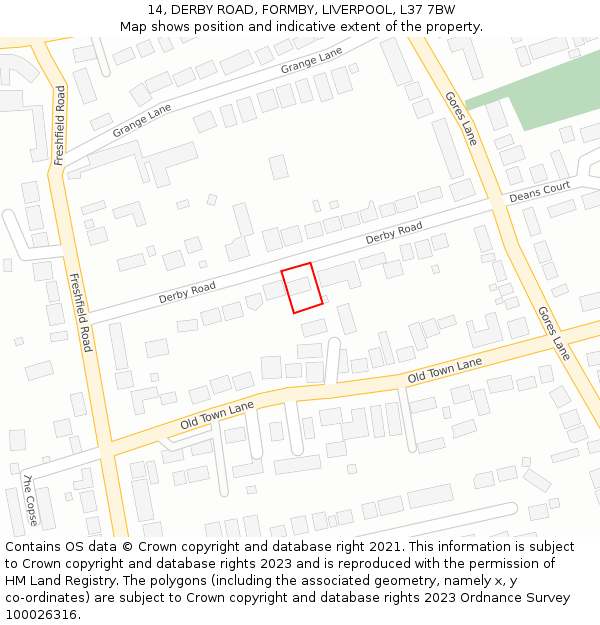 14, DERBY ROAD, FORMBY, LIVERPOOL, L37 7BW: Location map and indicative extent of plot