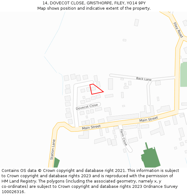 14, DOVECOT CLOSE, GRISTHORPE, FILEY, YO14 9PY: Location map and indicative extent of plot