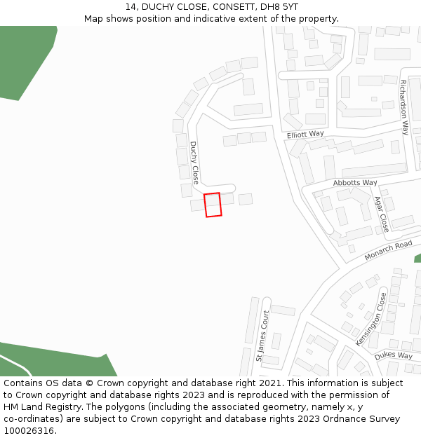 14, DUCHY CLOSE, CONSETT, DH8 5YT: Location map and indicative extent of plot