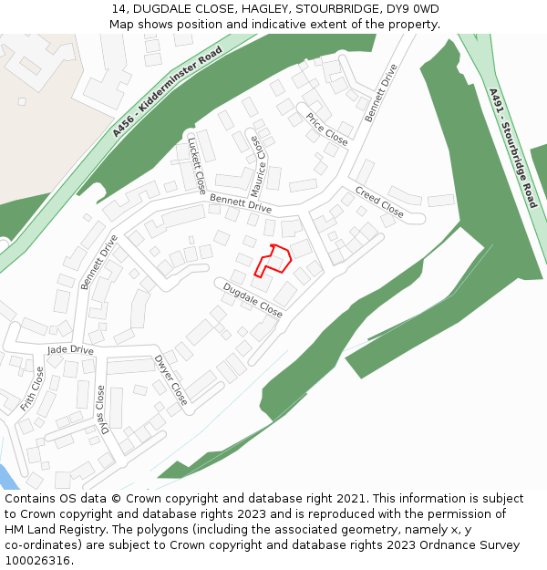 14, DUGDALE CLOSE, HAGLEY, STOURBRIDGE, DY9 0WD: Location map and indicative extent of plot