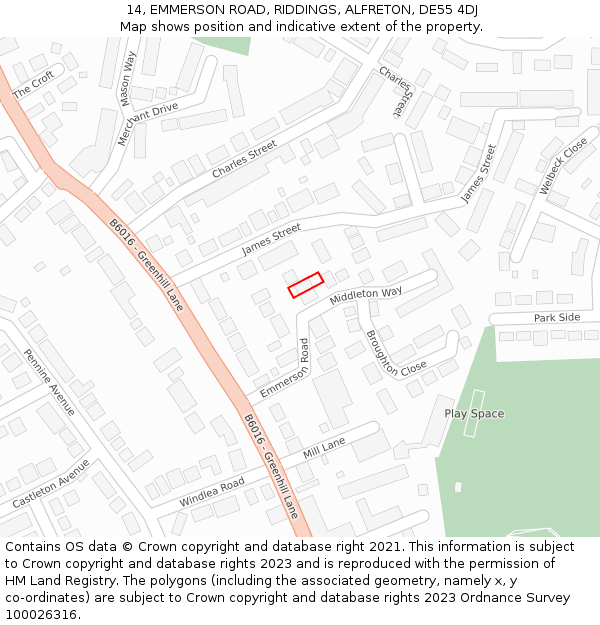 14, EMMERSON ROAD, RIDDINGS, ALFRETON, DE55 4DJ: Location map and indicative extent of plot