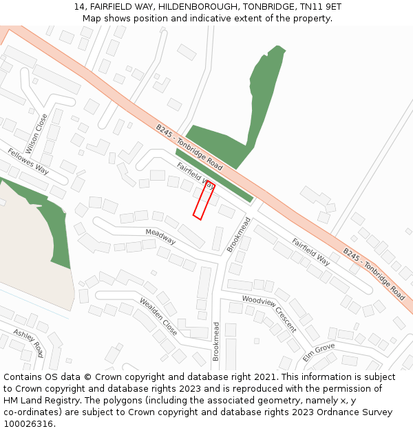 14, FAIRFIELD WAY, HILDENBOROUGH, TONBRIDGE, TN11 9ET: Location map and indicative extent of plot