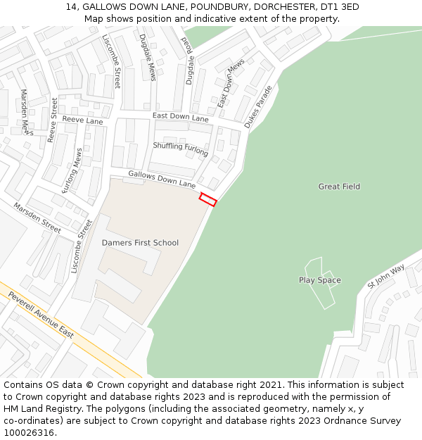 14, GALLOWS DOWN LANE, POUNDBURY, DORCHESTER, DT1 3ED: Location map and indicative extent of plot