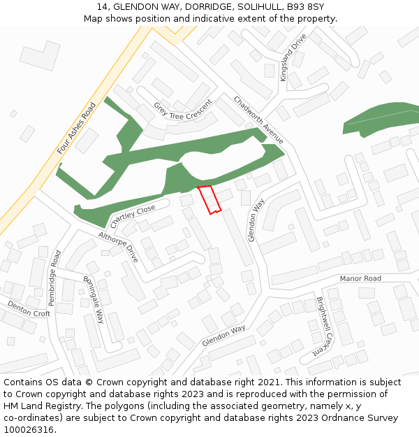 14, GLENDON WAY, DORRIDGE, SOLIHULL, B93 8SY: Location map and indicative extent of plot