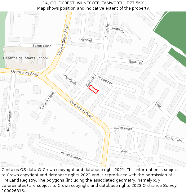 14, GOLDCREST, WILNECOTE, TAMWORTH, B77 5NX: Location map and indicative extent of plot