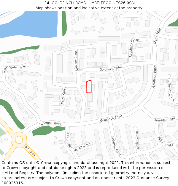 14, GOLDFINCH ROAD, HARTLEPOOL, TS26 0SN: Location map and indicative extent of plot