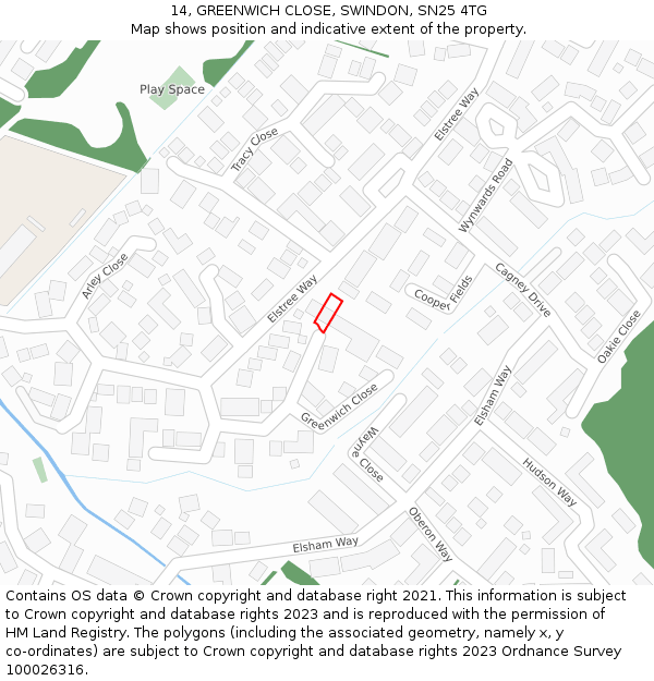 14, GREENWICH CLOSE, SWINDON, SN25 4TG: Location map and indicative extent of plot