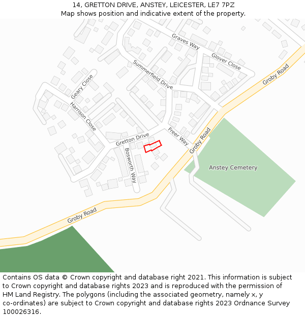 14, GRETTON DRIVE, ANSTEY, LEICESTER, LE7 7PZ: Location map and indicative extent of plot