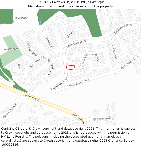 14, GREY LADY WALK, PRUDHOE, NE42 5QW: Location map and indicative extent of plot