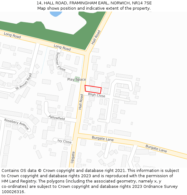 14, HALL ROAD, FRAMINGHAM EARL, NORWICH, NR14 7SE: Location map and indicative extent of plot