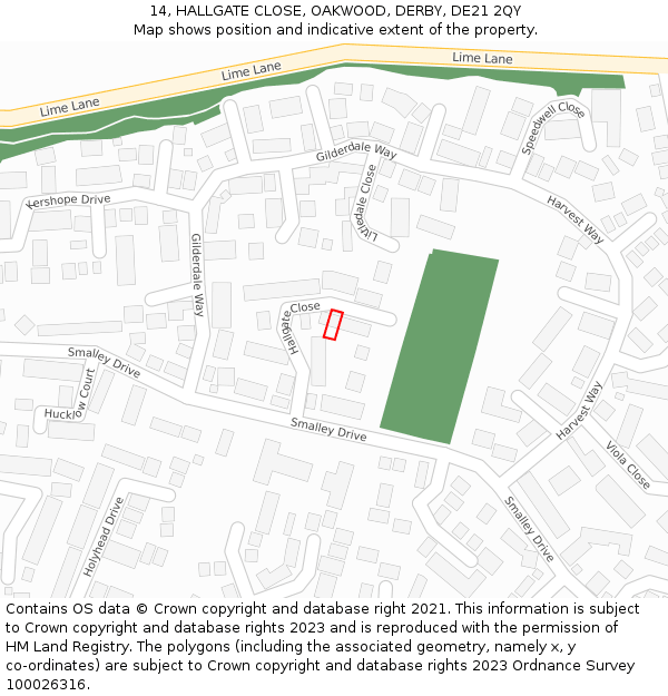 14, HALLGATE CLOSE, OAKWOOD, DERBY, DE21 2QY: Location map and indicative extent of plot