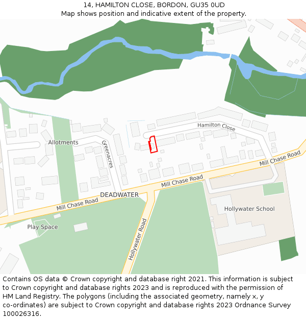 14, HAMILTON CLOSE, BORDON, GU35 0UD: Location map and indicative extent of plot