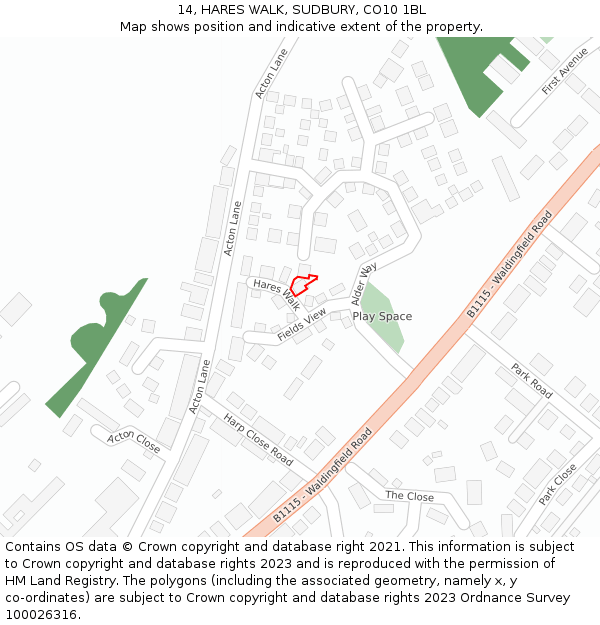 14, HARES WALK, SUDBURY, CO10 1BL: Location map and indicative extent of plot