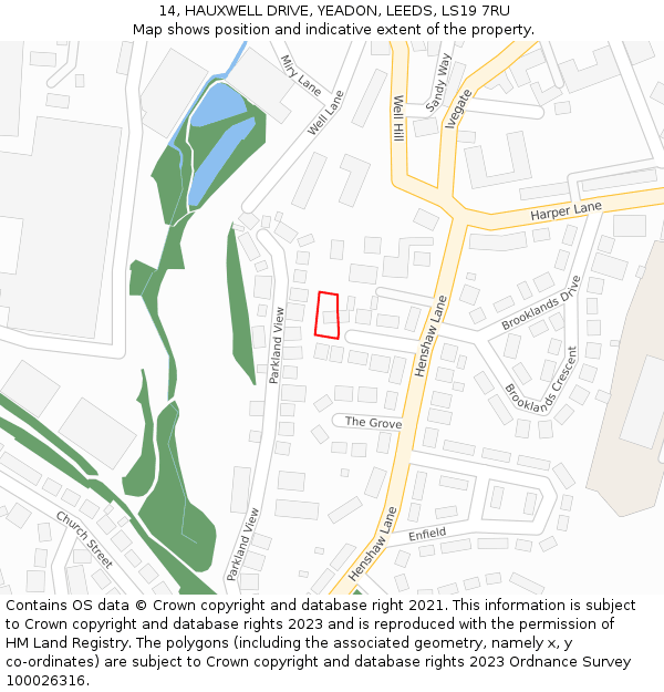 14, HAUXWELL DRIVE, YEADON, LEEDS, LS19 7RU: Location map and indicative extent of plot