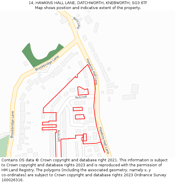 14, HAWKINS HALL LANE, DATCHWORTH, KNEBWORTH, SG3 6TF: Location map and indicative extent of plot