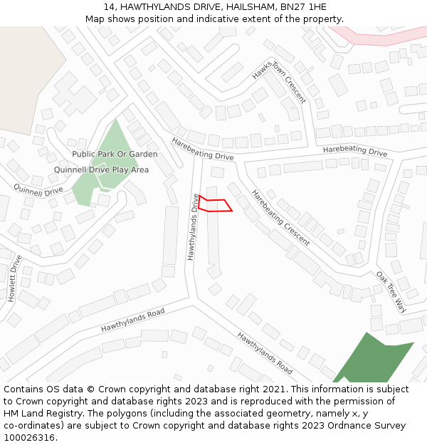 14, HAWTHYLANDS DRIVE, HAILSHAM, BN27 1HE: Location map and indicative extent of plot