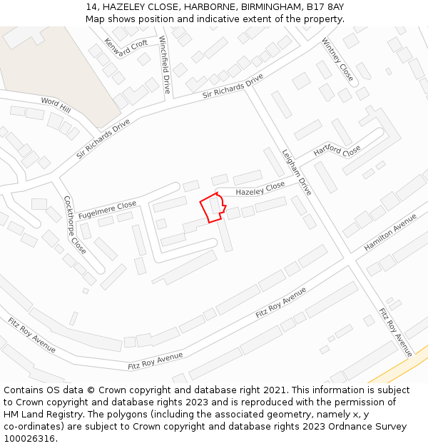 14, HAZELEY CLOSE, HARBORNE, BIRMINGHAM, B17 8AY: Location map and indicative extent of plot