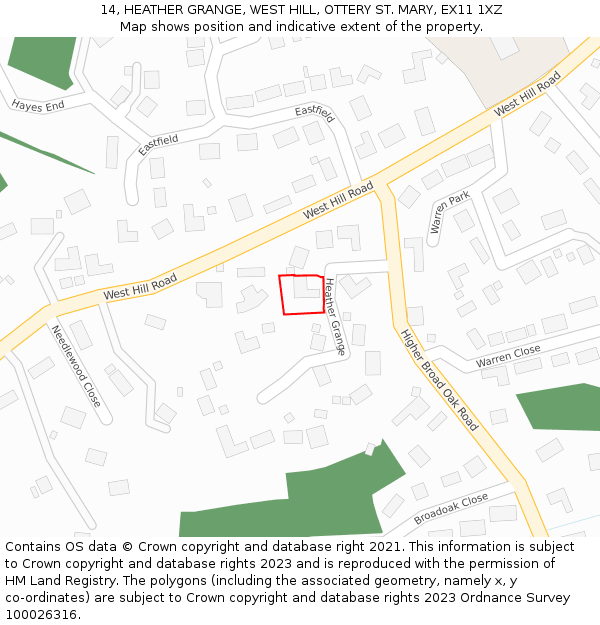 14, HEATHER GRANGE, WEST HILL, OTTERY ST. MARY, EX11 1XZ: Location map and indicative extent of plot