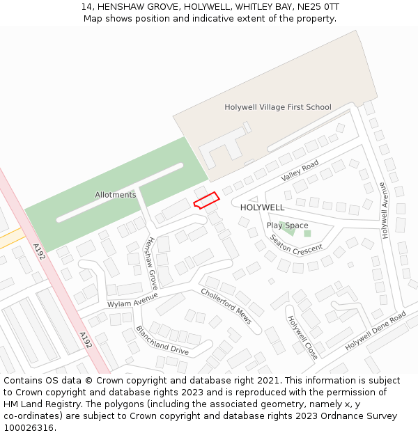 14, HENSHAW GROVE, HOLYWELL, WHITLEY BAY, NE25 0TT: Location map and indicative extent of plot