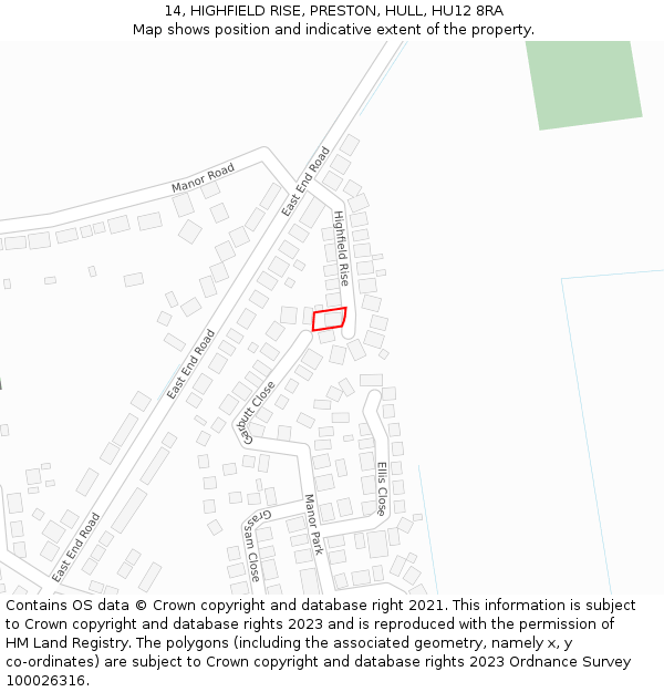 14, HIGHFIELD RISE, PRESTON, HULL, HU12 8RA: Location map and indicative extent of plot