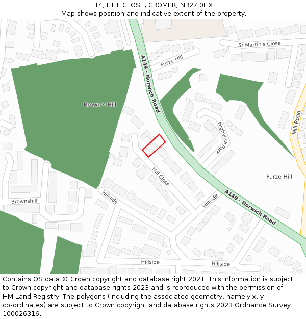 14, HILL CLOSE, CROMER, NR27 0HX: Location map and indicative extent of plot