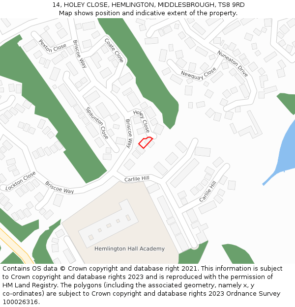 14, HOLEY CLOSE, HEMLINGTON, MIDDLESBROUGH, TS8 9RD: Location map and indicative extent of plot