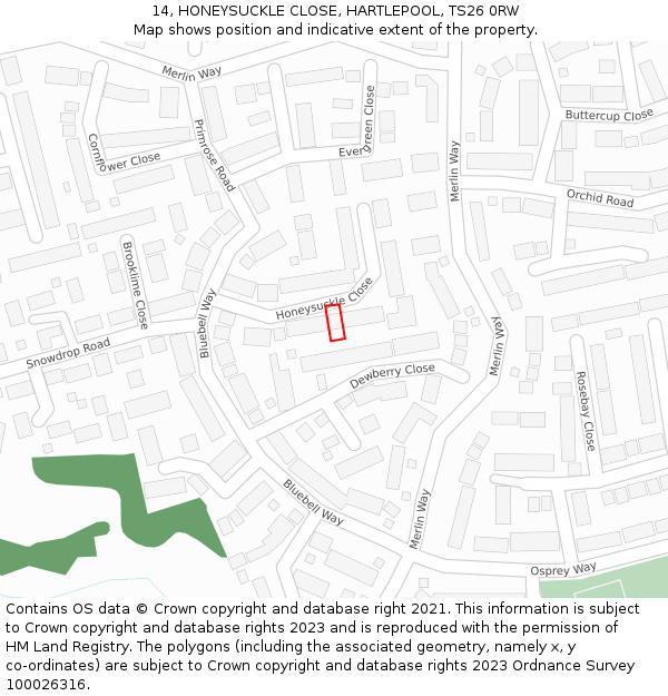 14, HONEYSUCKLE CLOSE, HARTLEPOOL, TS26 0RW: Location map and indicative extent of plot