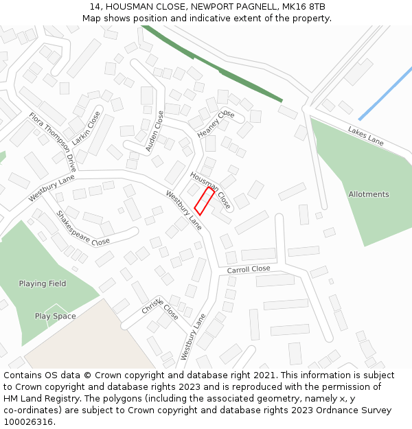 14, HOUSMAN CLOSE, NEWPORT PAGNELL, MK16 8TB: Location map and indicative extent of plot