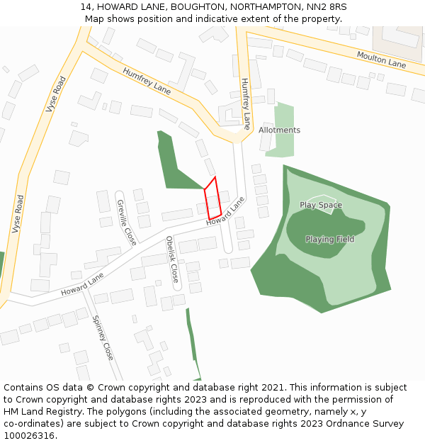 14, HOWARD LANE, BOUGHTON, NORTHAMPTON, NN2 8RS: Location map and indicative extent of plot