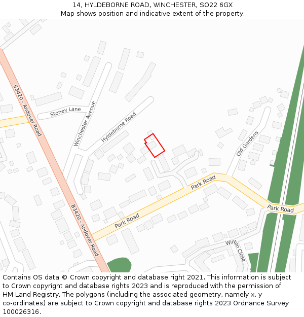 14, HYLDEBORNE ROAD, WINCHESTER, SO22 6GX: Location map and indicative extent of plot