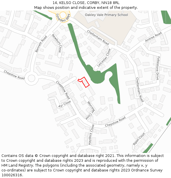 14, KELSO CLOSE, CORBY, NN18 8RL: Location map and indicative extent of plot