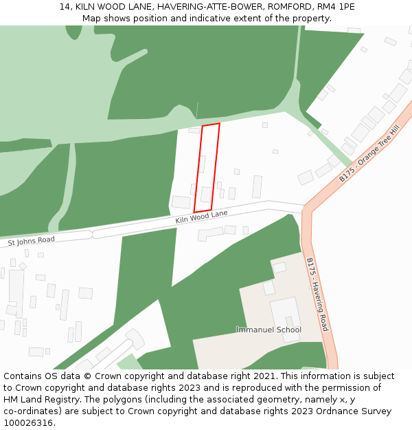 14, KILN WOOD LANE, HAVERING-ATTE-BOWER, ROMFORD, RM4 1PE: Location map and indicative extent of plot