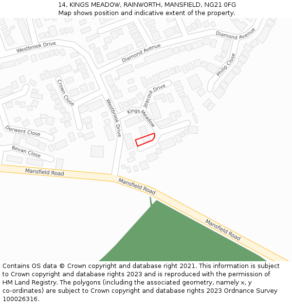 14, KINGS MEADOW, RAINWORTH, MANSFIELD, NG21 0FG: Location map and indicative extent of plot